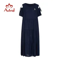 Astrid 2020 ربيع الفساتين الصيفية القطن وزر الكتان لباس طويل مع جوفاء متصل خارج الأكمام قصيرة ملابس النساء LJ200824