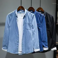 한국 패션 남자의 데님 셔츠 빈티지 청바지 남성용 솔리드 컬러 긴 소매 턴 다운 칼라 공식 의류 캐주얼 셔츠