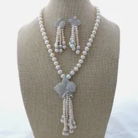 20&quot White freshwater Pearl Necklace Earrings Set