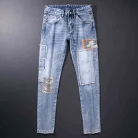 Cotton men's jeans American style urban fashion slim fit retro light blue elastic ripped hip hop designer