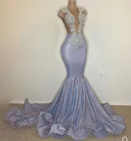 Zwart Meisje Afrikaanse Sequin Silver Prom Dresses 2022 Nieuwe Sexy Backless Avondjurken Sparkly Applique Kant Reflecterende Celebrity Jurk Mermaid