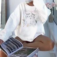 Women's Hoodies & Sweatshirts Women Sweatershirt Cat Print Long Sleeve Loose Ladies Pullover 2022 Autumn Casual O-Neck White Sweatershirts