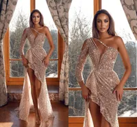 Stunning Shinny Sequined Prom Evening Dresses Arabic Luxury One Shoulder Illusion Split High Low Party Occasion Gowns Vestidos BC9707