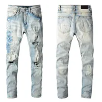 Man Skinny Fits Jeans Jeans Jeans Retidado com Hole Slim For Guys Mens Biker Moto Legro Vintage Angústia danificada Calça esticada Longa zíper de alta qualidade azul claro