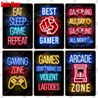 Gaming Zone Metal Plate Vintage Neon Light Style Plaque Retro Gamer Citat Metal Sign målning Klistermärken Playroom Poster