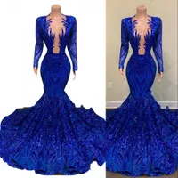 2022 Sexy Africano Sparkly Sequined Dress Prom Dresses Royal Blue Illusion Manica Lunga Maniche Paillettes Mermaid Plus Size Pageant Party Dress Abiti da sera formale Abiti da sera profondo scollo a V