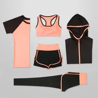 Oloey Women Set de yoga de 5 piezas para correr camiseta Fitness sujetador deportivo ropa de gimnasia ropa de entrenamiento para mujeres