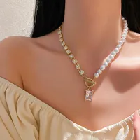 قلادات قلادة تبيع أزياء المجوهرات على شكل حرف T بوكلي لؤلؤون سلسلة الراين الخيطية القلادة القلادة عنصر الترقوة للنساء