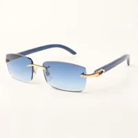 نظارة شمسية بلا حافة 3524012 مع عصي خشبية زرقاء وعدسات 56 ملم للجنسين