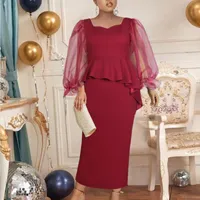 Plus Size Dresses AOMEI Long Sleeve Burgundy Dress Curve Women Tulle Ruffle Midi Pencil Summer Evening Event Occasion Outfits