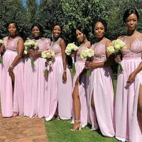 New A line Chiffon Blush Pink Bridesmaid Dresses African Black Girl Party Prom Dresses Long Cheap Split Front Wedding guest Dress251R