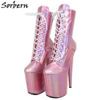 Sorbern Holographic Pink Pole Boots Boots Mujeres 8 pulgadas Extreme Tacón alto Plataforma Botines Tobillo Alto Eje personalizado Multi Colores
