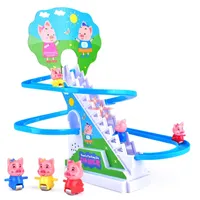 Funny Pig Slide Electric Railcar With Music Dinosaur Climbing Stairs DIY Assembly Puzzle Educational Toys for Children 220325