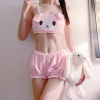 Women&#039;s Tracksuits Kawaii Long Ear Doggy Tube Top Fluffy Bloomer Shorts Set Soft Cartoon Lolita Girls Cute Pink White Velvet PajamasWomen&#039;s