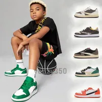 Kids Shoes J Scotts Low Cut 1S Pine Green Red Oreo Multicolor Basket Basket Shoes أصفر الأطفال Big Boy Girl UNC إلى Chicago Sneaker