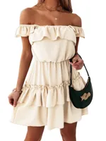 Casual Dresses Women Off Shoulder Dress Summer Mini Sleeveless Solid Color A-Line Tiered Ruffles Swing Beach DressCasual
