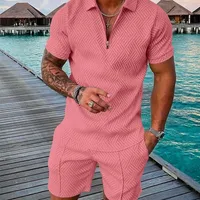Mens Yüksek kaliteli spor giyim düz renkli kısa kollu zip polo gömlek şort seti erkek gündelik sokak kıyafetleri 2 parça yaz 220526