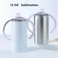 Blank Sublimation Sippy Cup Cup para crianças Baby 12oz Branco copos de canudinho reto em aço inoxidável bebendo copo com alças