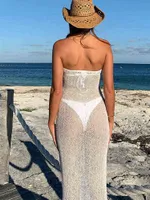 Sexy mesh gebreide strapless strand maxi jurk zomer bodycon zwarte holle out mouwloze feestjurken 2022 club backless robe t220816