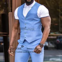 Herenvesten mode Steampunk Light Blue Mens Suits Vest Slim Fit mannelijke zakelijke vest bruiloft groomsmen Chaleco Hombre Custom Mademen's