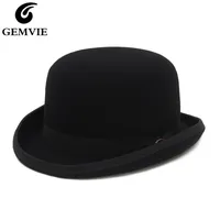 Gemvie 4 Colors 100% 양모 펠트 더비 볼러 모자 남성 여성 새틴 라이닝 패션 파티 공식 페도라 의상 마술사 모자 220812