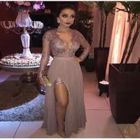 Aso Ebi 2019 Arabic Lace Sexy Cheap Evening Dresses Long Sleeves Chiffon Prom Dresses Sheer Neck Formal Party Second Reception Gow1801