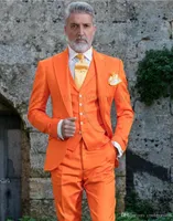 Orange Groom Tuxedos Peak Lapel Groomsmen Mens Wedding Dress Excellent Man Jacket Blazer 3 Piece Suit(Jacket+Pants+Vest+Tie)