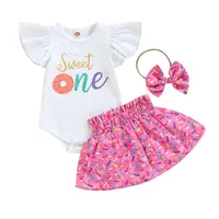 Clothing Sets Infant Baby Girl One Birthday Summer Skirt Set Letter Print -sleeve Round Neck Tops Donut Sugar Bow Headband