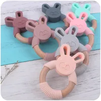 Bunny Silicone and Wood Teether Ring Natural Organic Bood Wood Demanding Anneau Soft Bunny Rabbit Toys Baby Infant Gifts 996 D3