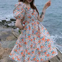 Parti Elbiseleri Tek Parça Elbise Koreli Kadınlar Kısa Kollu Kısa Kol Vingate Çiçek Kadın Plaj Tasarımı Bandage Mini Kawaii 2022 Yaz Partisi