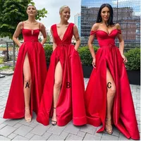 Sexy High Slit Red Bridesmaid Dresses Square Spaghetti Strap Pocket A Línea 2022 Vestido de fiesta de bodas de mujer C0511