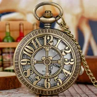 Pocket Watches Bronze Hollow Arabic Numerals Design Quartz Watch Sweater Chain Pendant Necklace Clock Gifts Men Women