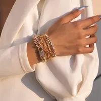 4Pcs/Set Rhinestone Bracelet Set Cuban Link Bangle Bracelets for Women and Men Adjustable Luxury Shiny Clear Crystal Chunky L Charm Hand Jewelry Birthday Gifts