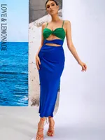 Werk jurken lovelemonade sexy blauw tweedelig buis top feestpak wd04010-blue