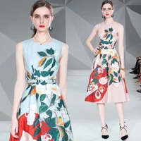 2022 Woman Designer Vest Floral Dress Sexy Slim Sleeveless Runway High Waist Party Cocktail Dresses Summer Women Clothes O-Neck Slim Loose Big Swing Frock With Belt