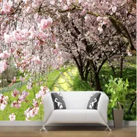 3d wallpaper for room Cherry tree flowers beautiful backdrop stone road path 3d murals wallpaper for living room180s