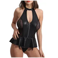 Bras Sets Sexy Mesh Lingerie Set PU Leather Female Bodysuit Backless Lace Dress Garter Erotic Latex Catsuit See Through Nylon Stockings