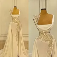 2022 A-Line Wide Straps Square Neckline Beading Prom Dreess with Side Slit Backless Evening Gowns