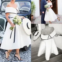 Черно-белое свадебное платье винтажное ретро-чай с плечами простые атласные атласные короткие свадебные платья210A210A