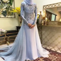 Dubai Kaftan Long Sleeves Evening Dresses high neck 2022 Flowers Beaded Lace Blue Arabic Muslim Hijab Formal Gowns Robe De Soirée Femme