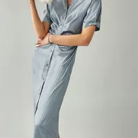 Berrygo elegante manga corta Camisa de rayas en vestina Mujer satén de satén Ruchada Slim Maxi Vestido de verano sólido 220516