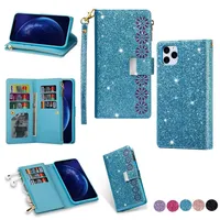 Fashion glittering sequins back zipper hollow flower trifold leather wallet case for iphone 12 11 pro max x xr xs max 6 7 8 plus245w