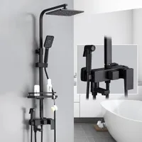 ブラックブラスシャワー蛇口セット降雨浴室棚付き浴槽タップ4機能高さ調整シャワーミキサークレーン高速