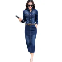 Casual Dresses Elegant Slim Spring And Autumn Women Denim Dress Korean Style Lapel Long-sleeved Belt Pocket Hip Female OK752
