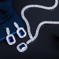 Earrings & Necklace Wedding Bracelet Jewelry Set Square Blue Stone Pendant Luxury Fashion Classic Bridal Accessories Women SetsEarrings