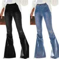 Женщины разрушены вспышки джинсы эластичные талии колокол Нижний сырье поют джинсовые брюки женские мода одежда одежда