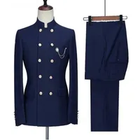 Men&#039;s Suits & Blazers Black Navy Blue Latest Coat Pant Designs Men Stand Collar Prom Suit/Costume Homme Slim Fit 2 Piece Wedding Tuxedo Male