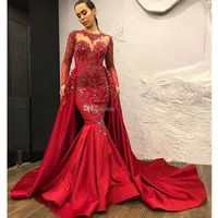 Newest Red Mermaid Evening Dresses with Detachable Train Beading Appliques Crystal Celebrity Prom Gowns Satin Long Sleeve Robe de 226f