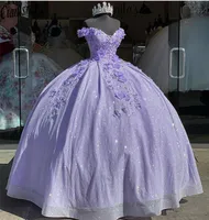 Lavanda lantejão de laca de laca doce 16 vestidos quinceanera 2022 fora do ombro 3d Apliques floral Apliques Corset Dress Vestidos de 15 Anos Masquerade XV Dress