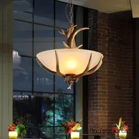 Pendant Lamps American Country Deer Antler Resin Chandelier Living Room Corridor Dining Lamp European Retro Creative LED Glass